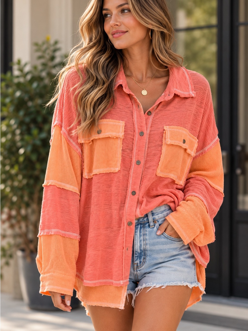 POL Oversized Coral Orange Colorblock Button Down Raw Edge Shacket Top L